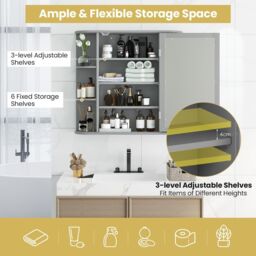 Costway 3 Tiers Mirrored Bathroom Cabinet Wall Mount Storage Cupboard with Display Shelves in Grey - thumbnail 6
