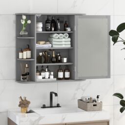 Costway 3 Tiers Mirrored Bathroom Cabinet Wall Mount Storage Cupboard with Display Shelves in Grey - thumbnail 4