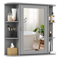 Costway 3 Tiers Mirrored Bathroom Cabinet Wall Mount Storage Cupboard with Display Shelves in Grey - thumbnail 1
