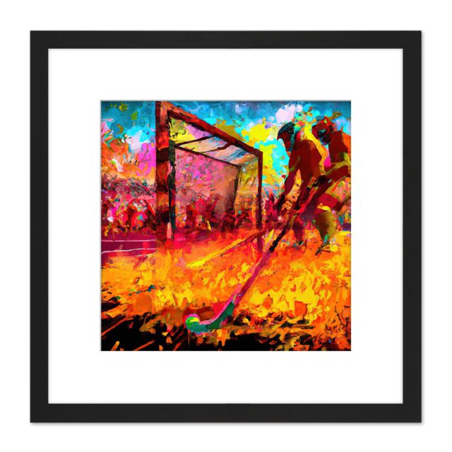 Artery8 Field Hockey Game Abstract Vibrant Colourful Oil Painting Square Wooden Framed Wall Art Print Picture 8X8 Inch in Black - image 1