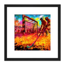 Artery8 Field Hockey Game Abstract Vibrant Colourful Oil Painting Square Wooden Framed Wall Art Print Picture 8X8 Inch in Black - thumbnail 1
