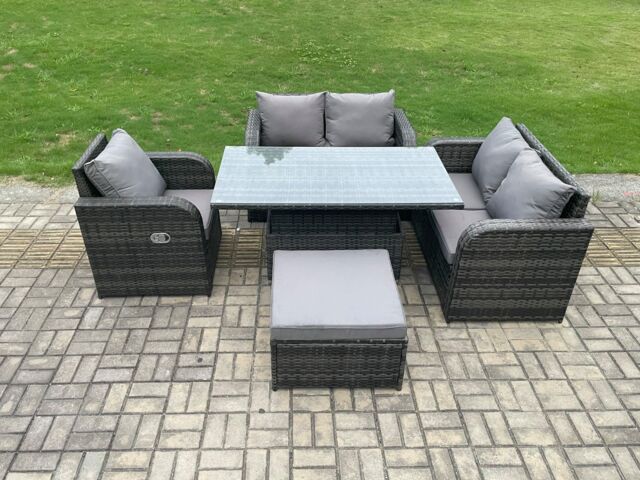 Fimous Wicker PE Rattan Furniture Garden Dining Set Outdoor Height Adjustable Rising lifting Table Love Sofa in Dark Grey - image 1