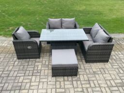Fimous Wicker PE Rattan Furniture Garden Dining Set Outdoor Height Adjustable Rising lifting Table Love Sofa in Dark Grey - thumbnail 2