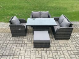 Fimous Wicker PE Rattan Furniture Garden Dining Set Outdoor Height Adjustable Rising lifting Table Love Sofa in Dark Grey - thumbnail 1
