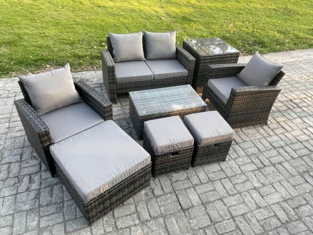 Fimous 7 Seater Outdoor Lounge Sofa Set Wicker PE Rattan Garden Furniture Set with Rectangular Coffee Table Double Seat Sofa in Dark Grey