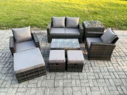 Fimous 7 Seater Outdoor Lounge Sofa Set Wicker PE Rattan Garden Furniture Set with Rectangular Coffee Table Double Seat Sofa in Dark Grey - thumbnail 2