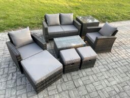 Fimous 7 Seater Outdoor Lounge Sofa Set Wicker PE Rattan Garden Furniture Set with Rectangular Coffee Table Double Seat Sofa in Dark Grey - thumbnail 1