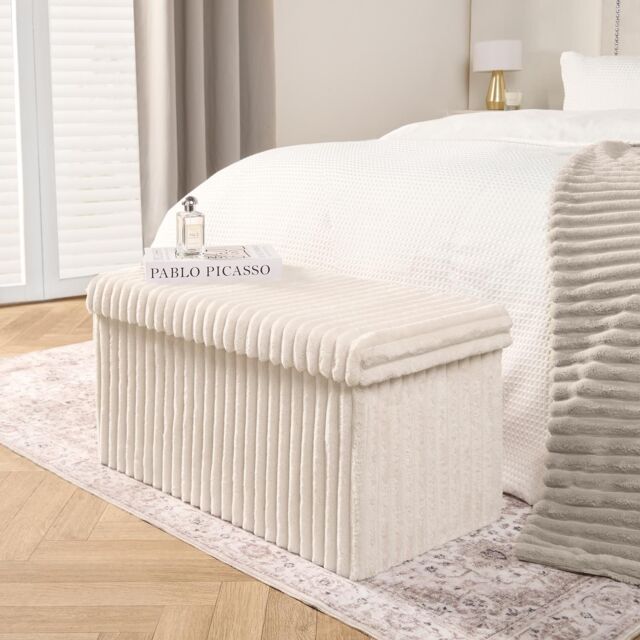 OHS Storage Box Lid Ottoman Folding Ribbed Fleece Footstool Tub in Cream - image 1