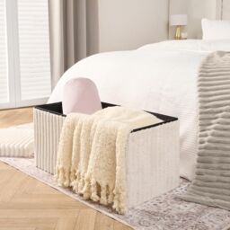 OHS Storage Box Lid Ottoman Folding Ribbed Fleece Footstool Tub in Cream - thumbnail 2