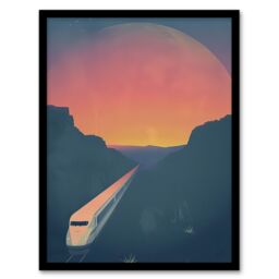 Artery8 Retro Futurism Sci Fi Planet Train Travel Design Framed Art Print in Blue - Size: A4 - thumbnail 1
