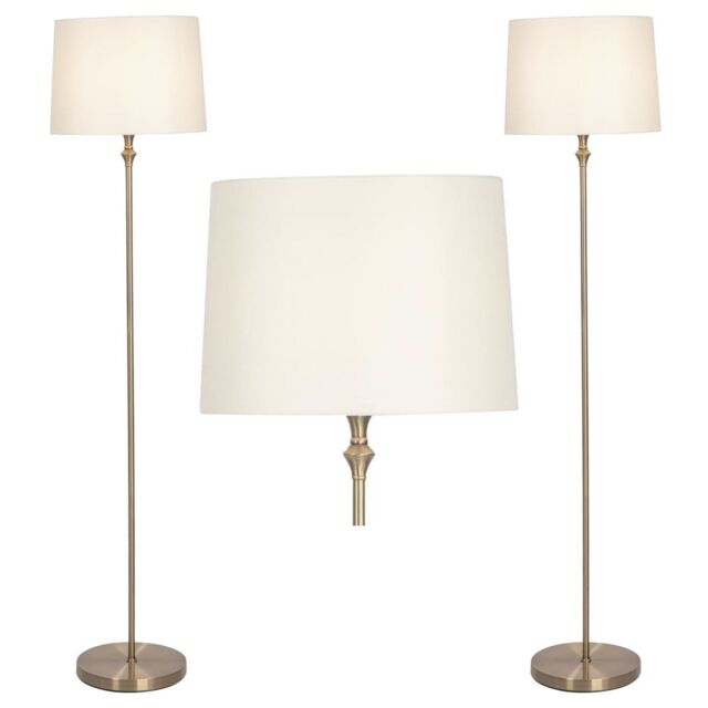 First Choice Lighting Set of 2 Antique Brass Floor Lamps with Cream Shades in Gold - image 1