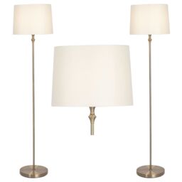 First Choice Lighting Set of 2 Antique Brass Floor Lamps with Cream Shades in Gold