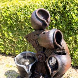 Primrose Santana Cascading Bowls Windmill & Bucket Water Feature With Lights 61cm in Brown - thumbnail 3