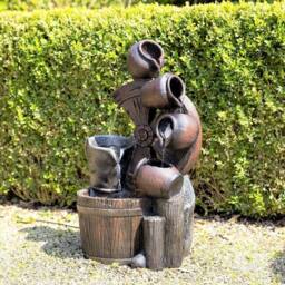Primrose Santana Cascading Bowls Windmill & Bucket Water Feature With Lights 61cm in Brown