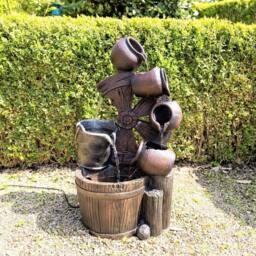 Primrose Santana Cascading Bowls Windmill & Bucket Water Feature With Lights 61cm in Brown - thumbnail 2