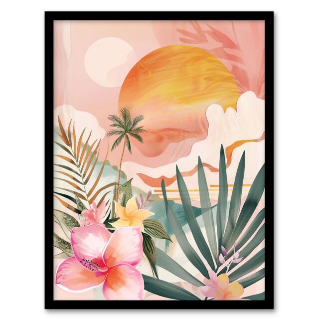 "Artery8 Tropical Pink Beach Sunset Palm Orchids Abstract Framed Art Print - Size: W12"" x H16""" - image 1