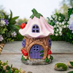 Garden Greatness Pixie Roof Fairy House Solar Garden Ornament in Pink - thumbnail 2