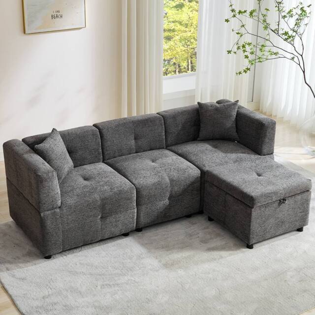 "BTM 80"" L-Shaped Sectional Sofa with Removable Storage Ottoman in Grey" - image 1