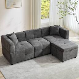 "BTM 80"" L-Shaped Sectional Sofa with Removable Storage Ottoman in Grey" - thumbnail 1