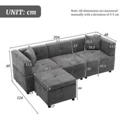"BTM 80"" L-Shaped Sectional Sofa with Removable Storage Ottoman in Grey" - thumbnail 9
