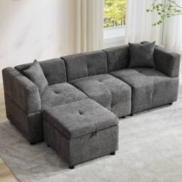 "BTM 80"" L-Shaped Sectional Sofa with Removable Storage Ottoman in Grey" - thumbnail 2