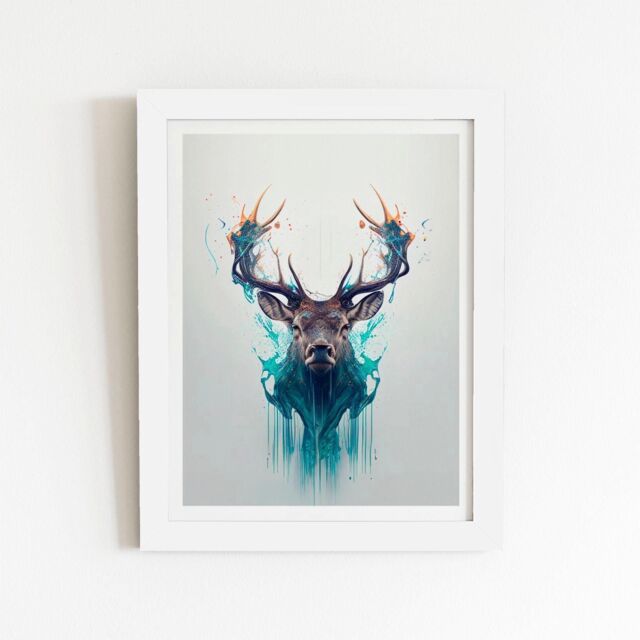 "Warren Reed - Designer Stag Face Splashart Framed Art Print in White - Size: W16"" x H24""" - image 1