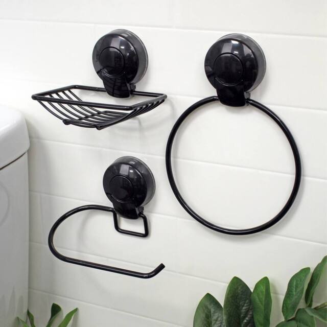 Showerdrape Suctionloc Black 3 Piece Suction Wall Mounted Bathroom Accessory Set - image 1
