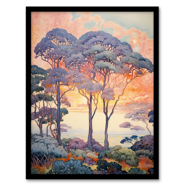 Artery8 Wall Art Print Coastal Sunrise Behind Trees Orange Blue Purple Framed - Size: A4 - image 1