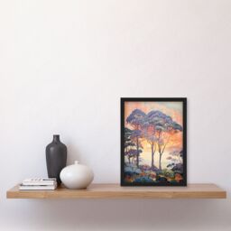 Artery8 Wall Art Print Coastal Sunrise Behind Trees Orange Blue Purple Framed - Size: A4 - thumbnail 4