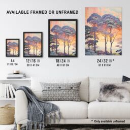 Artery8 Wall Art Print Coastal Sunrise Behind Trees Orange Blue Purple Framed - Size: A4 - thumbnail 3