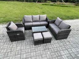 Fimous Outdoor Garden Furniture Sets 6 Pieces Wicker Rattan Furniture Sofa Sets with Rectangular Coffee Table Loveseat Sofa 2 Small Footstools - thumbnail 2