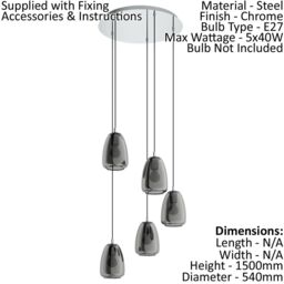 Loops Pendant Light Colour Chrome Shade Black Transparent Glass Vaporized E27 5x40W - thumbnail 2