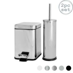 Harbour Housewares 3L Mismatched Bathroom Bin & Brush Set Slim Stainless Steel Toilet Set in Silver