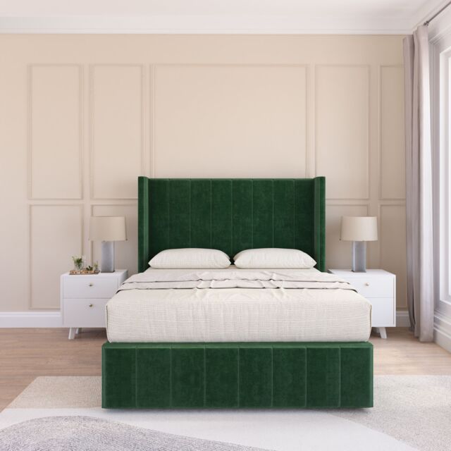 "Sloomy Melbourne Upholstered Wingback Bed Set With No Drawers & 54"" Floor standing Headboard -Plush Velvet in Emerald - Size: Small Double" - image 1