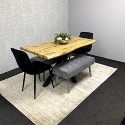 KOSY KOALA Wooden Dining Table with 2 Black Velvet Chairs & Grey Padded Benches, Dining Room Furniture in Brown