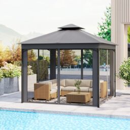 Gymax 296 CM X 296 CM Patio Gazebo Double-Roof Outdoor Canopy Tent-Grey in Grey - thumbnail 5