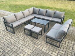 Fimous Aluminium 11 Seater Patio Outdoor Garden Furniture Lounge Corner Sofa Set with Oblong Coffee Table with 2 Small Footstools Dark Grey - thumbnail 1