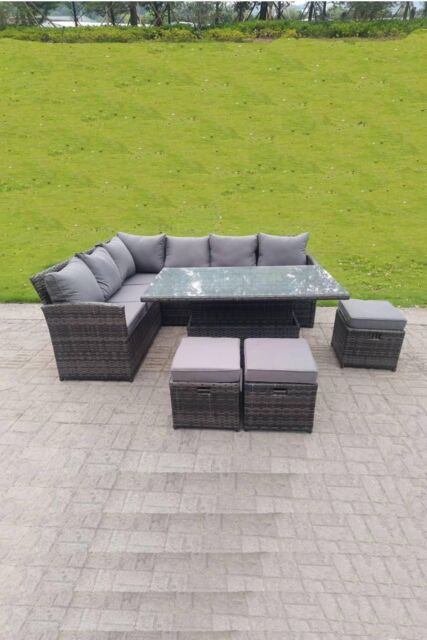 Fimous High Back Corner Rattan Sofa Rising Dining Table Height Adjustable 9 Seater 3 Small Foot Stools in Dark Grey - image 1