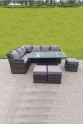Fimous High Back Corner Rattan Sofa Rising Dining Table Height Adjustable 9 Seater 3 Small Foot Stools in Dark Grey - thumbnail 1