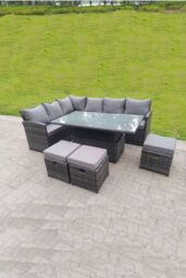 Fimous High Back Corner Rattan Sofa Rising Dining Table Height Adjustable 9 Seater 3 Small Foot Stools in Dark Grey - thumbnail 2