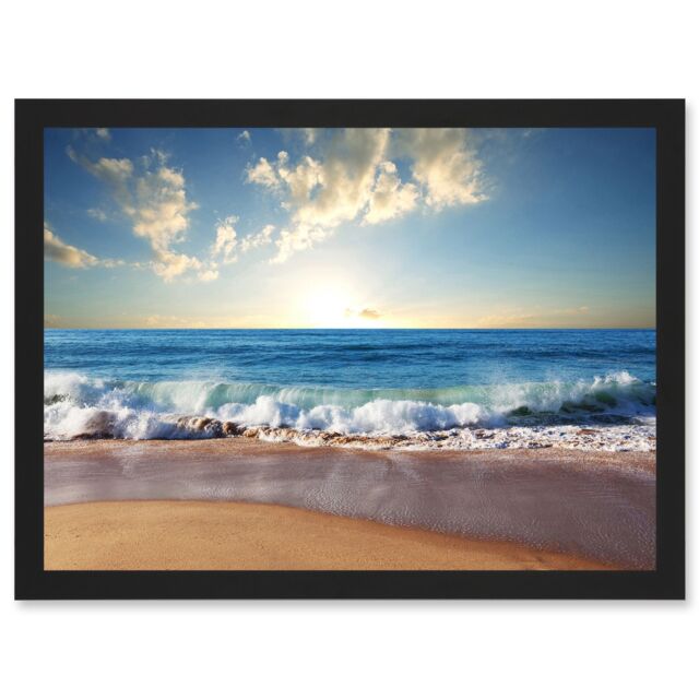 Artery8 Photo Seascape Beach Sand Ocean Surf Waves A4 Artwork Framed Wall Art Print in Black - image 1