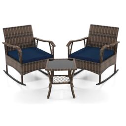 Costway 3 Pieces Rocking Bistro Set Outdoor PE Wicker Conversation Set in Brown