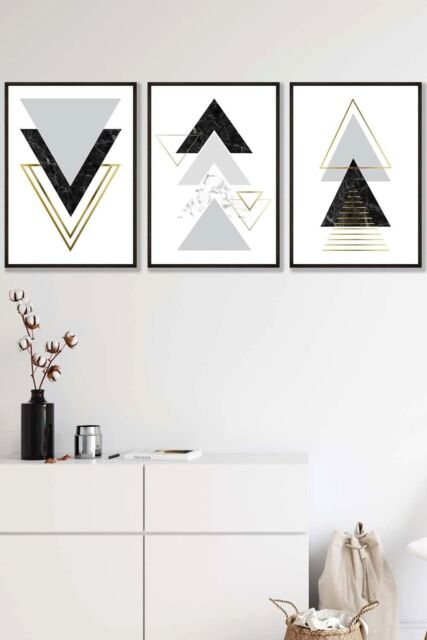 ARTZE Black Grey Geometric Triangle Set Framed Wall Art - Medium - Size: W45 cm x H62 cm x D20mm - image 1