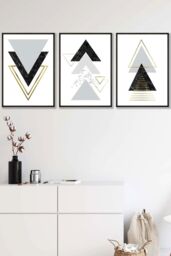 ARTZE Black Grey Geometric Triangle Set Framed Wall Art - Medium - Size: W45 cm x H62 cm x D20mm - thumbnail 1