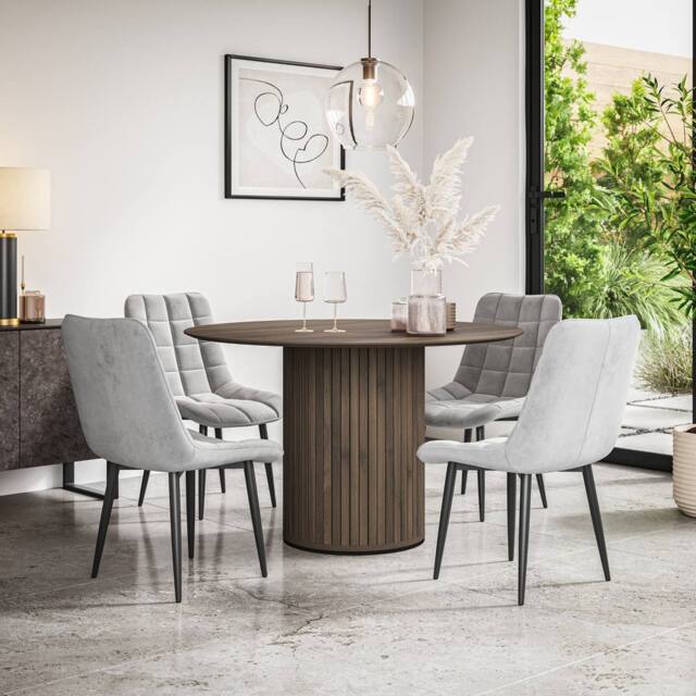 More4Homes Arlo Walnut Table Top W Walnut Legs + Nova Velvet Dining Chair Set Of 6 in Grey - image 1