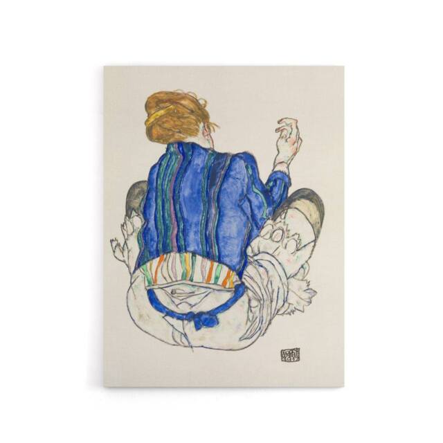"Artery8 Seated Woman Back View Painting Canvas Wall Art Print Schiele in Blue - Size: W18"" x H24""" - image 1