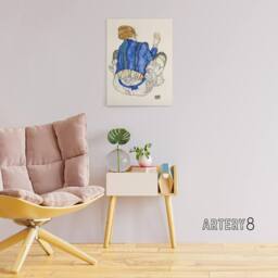 "Artery8 Seated Woman Back View Painting Canvas Wall Art Print Schiele in Blue - Size: W18"" x H24""" - thumbnail 3