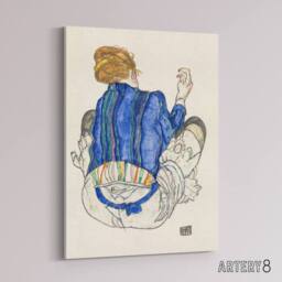 "Artery8 Seated Woman Back View Painting Canvas Wall Art Print Schiele in Blue - Size: W18"" x H24""" - thumbnail 2
