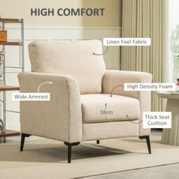 HOMCOM Linen Fabric Modern Accent Chair with Metal Legs, Wood Frame, Beige - Size: Small - thumbnail 5