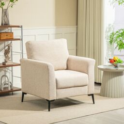 HOMCOM Linen Fabric Modern Accent Chair with Metal Legs, Wood Frame, Beige - Size: Small